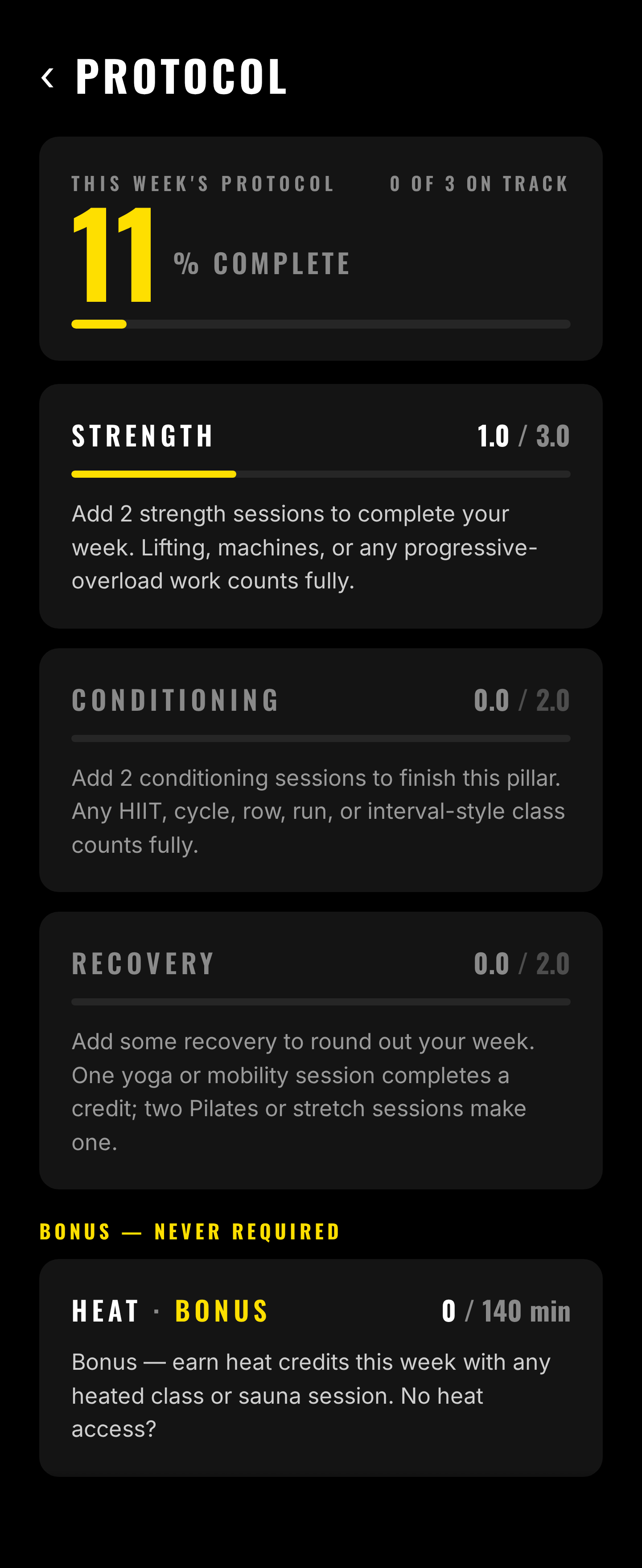 The Protocol screen — weekly progress across strength, conditioning, and recovery, with heat as a bonus